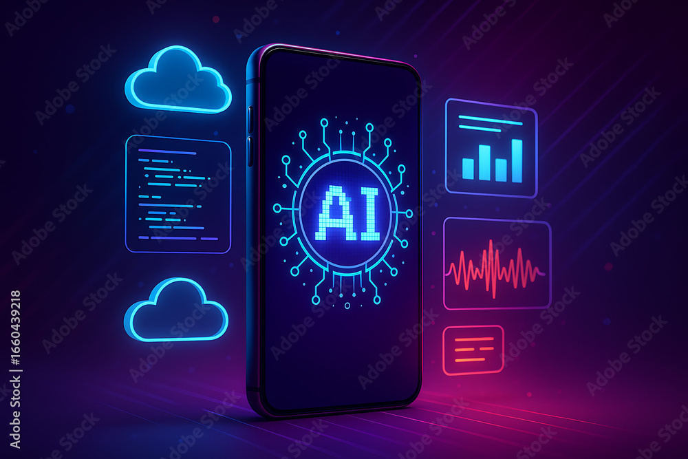 Poster a smartphone with a glowing ai icon at the center, surrounded by data and cloud icons, symbolizing a