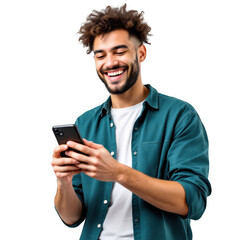 Smiling young man with curly hair wearing a teal button down shirt holding a smartphone isolated on transparent background