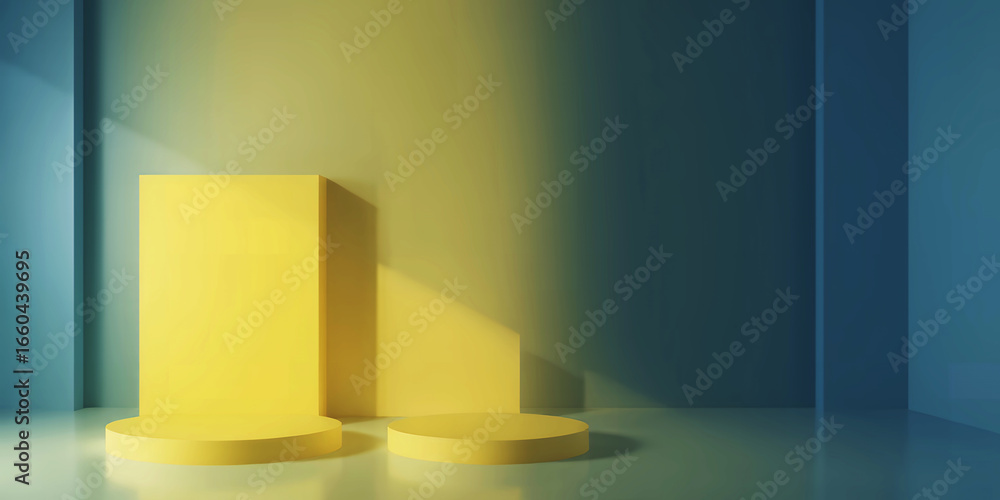 Poster yellow podiums and blocks in a minimalist studio setting with gradient background light