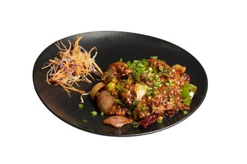 Hometown Chicken — Pan-Asian style tender chicken pieces tossed in spicy chili sauce, served with fresh salad on a black plate, isolated PNG.