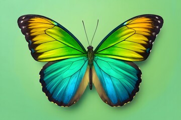 Fototapeta premium Colorful Butterfly with Blue Green and Yellow Wings on Light Green Background insect