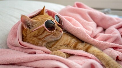 Ginger Cat Relaxing with Sunglasses Wrapped in Cozy Pink Blanket