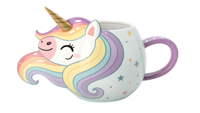 Ceramic unicorn mug with pastel mane and horn design