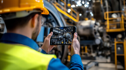 Fototapeta premium Supervisor using smartphone to capture machinery details