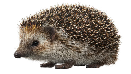 Fototapeta premium Small hedgehog with sharp quills, profile view, isolated on black