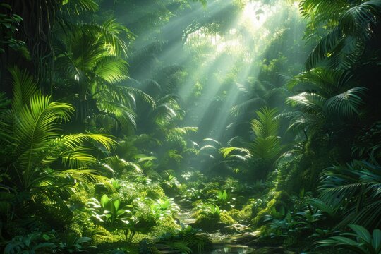Sunlight shining through lush green tropical forest scene 