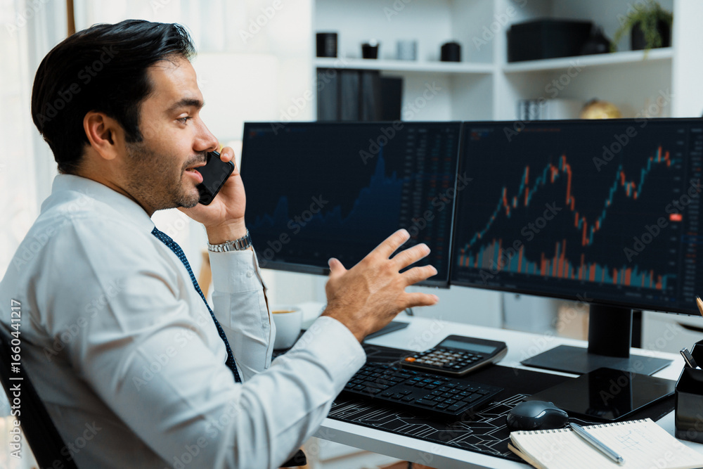 Poster trader businessman calling to consultant or partner with two stock exchange investment, compare data