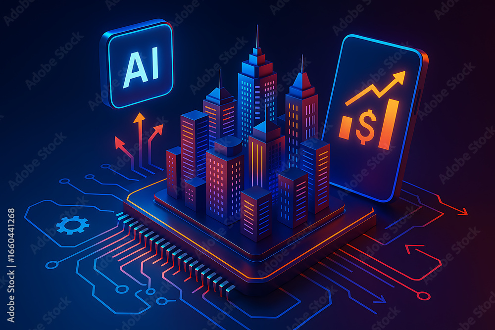Poster an isometric illustration of a smart city on a computer chip with a smartphone displaying financial 