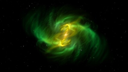 Obraz premium Green and yellow swirling nebula in deep space with distant stars galaxy cosmos