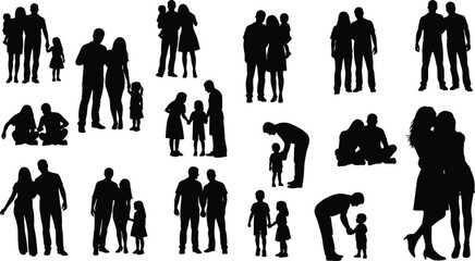 PrintSilhouettes of adults and children in various family interactions including standing, sitting, embracing, parenting, bonding, and lifestyle poses on white