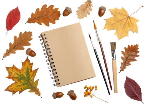 Autumnal Workspace with Blank Sketchbook and Paintbrushes isolated on white and transparent background