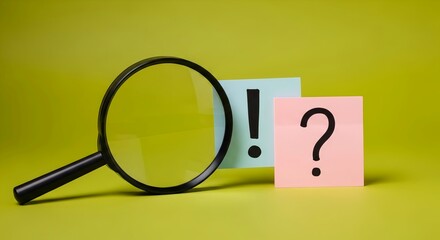 Magnifying glass with question and exclamation mark notes