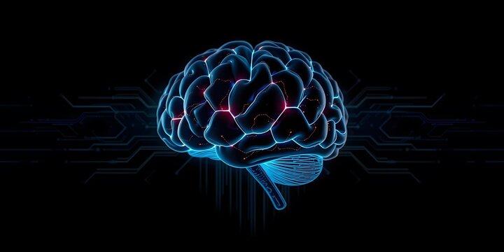 Artificial intelligence brain and circuit board background, glowing brain with subtle neon glow