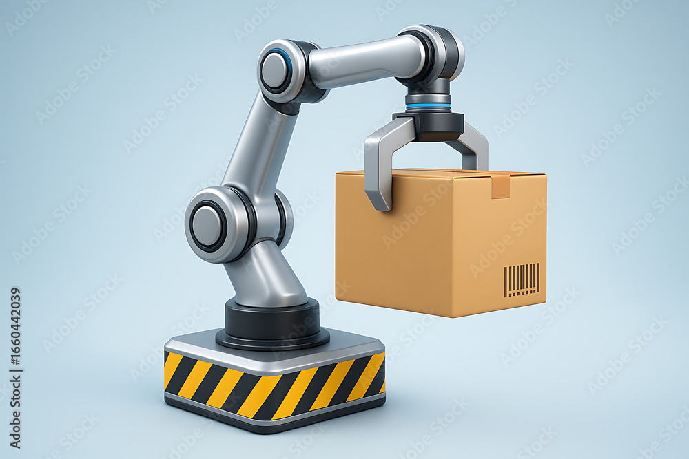 Poster a three-dimensional rendering of a robotic arm holding a cardboard box, symbolizing industrial autom