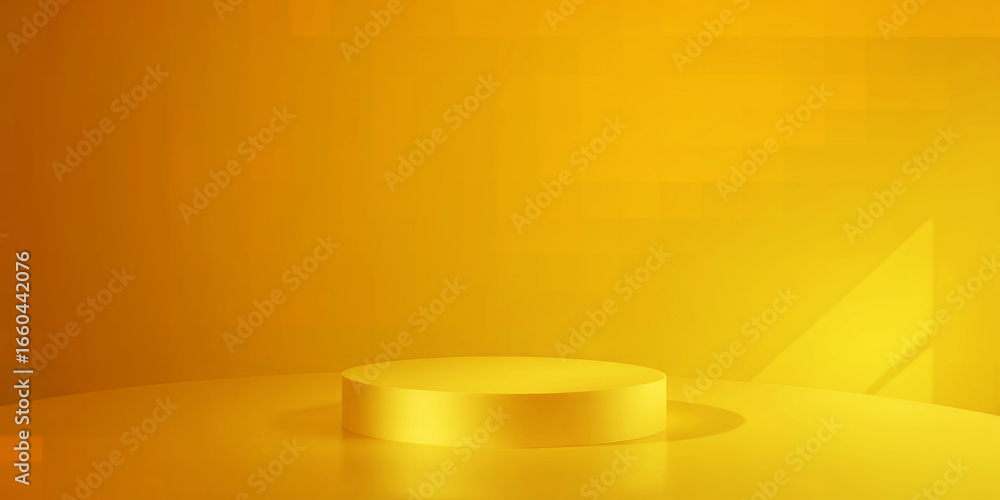 Poster a minimalist yellow podium in a studio setting with soft lighting and reflections