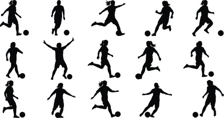 PrintSilhouettes of people playing soccer in various poses including kicking, running, dribbling, and celebrating for sports action vector illustration design