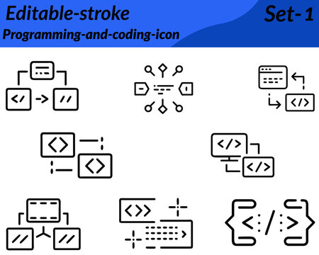Programming-and-coding icon character in vector style. featuring symbols like laptops desktop monitors with code snippets, brackets tags binary digits and gear settings. Designed with clean lines. 