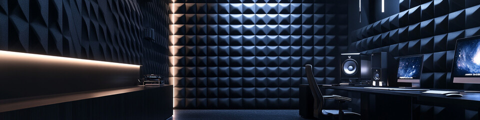 Matte black acoustic 3D tiles on walls in moody night workspace