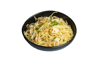 Vegetable Hakka noodles—stir-fried noodles with colorful vegetables, isolated on transparent background, perfect for culinary, food, and recipe projects.