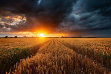 Dramatic sky over wheat field at sunset with storm clouds