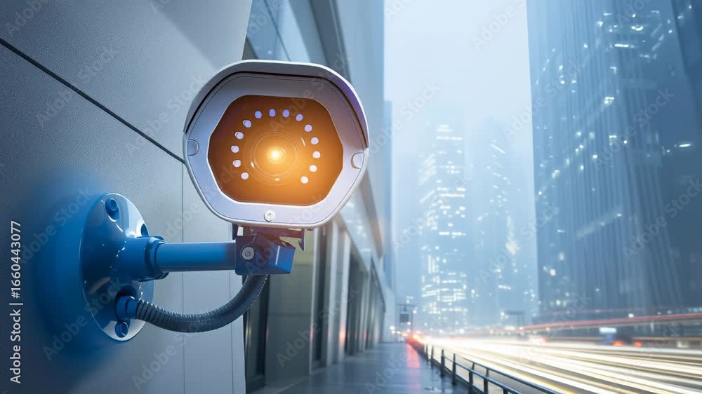 Poster high-tech security camera mounted on building wall overlooking blurred highway traffic with skyscrap
