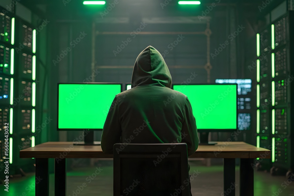 Poster hacker in hoodie at computer with green screens technology cybercrime