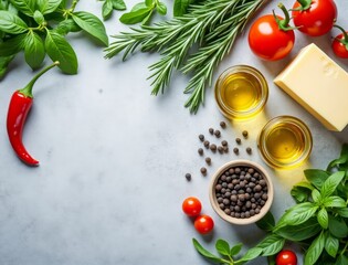 Fresh ingredients for delicious cooking featuring herbs olive oil and tomatoes