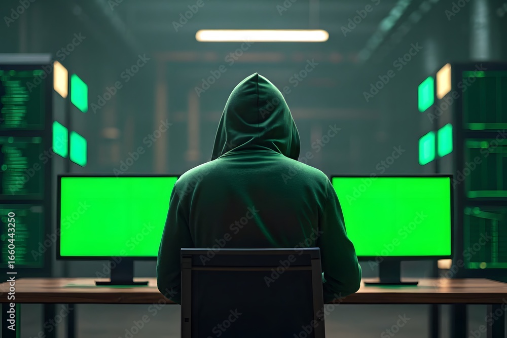 Poster hacker in hoodie working on computers with green screens technology cybercrime