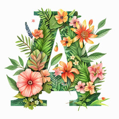 alphabet letter with tropical-style leaves, vector, design for children, name letter, children's print