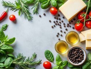 Fresh ingredients for cooking and italian cuisine preparation on a light gray surface