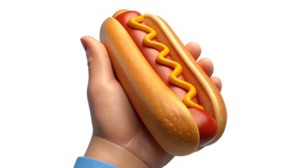 A hand holding a hotdog with mustard on a black isolated background