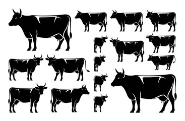 Collection of Black and White Cow Silhouettes in Various Poses