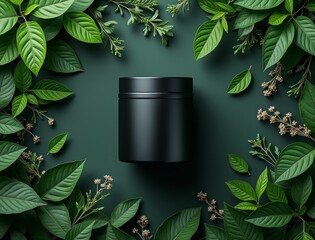 Elegant black container nestled amidst lush green foliage and delicate dark berries