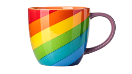 A colorful mug with rainbow stripes on a black background