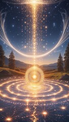 Fantasy scene with a crystal pyramide made of amethyst, emanating light that flows to the sky. Spiritual enlightment and activation concept