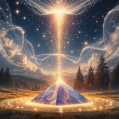 Fantasy scene with a crystal pyramide made of amethyst, emanating light that flows to the sky. Spiritual enlightment and activation concept