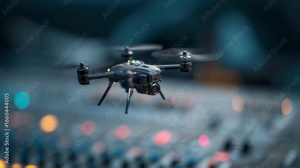 Poster focused medium shot of a compact canopy drone deploying automatically above an audio console with bl