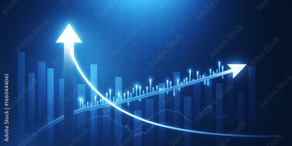 Poster a blue background with a graph showing an upward trend with arrows and bars rising up
