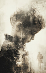 double exposure silhouette of a little boy with forest, dreamy nostalgic concept for album covers, book illustrations, posters, or emotional storytelling projects