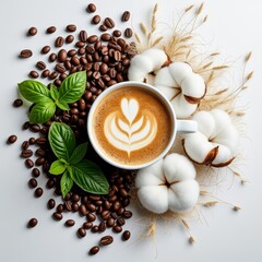 Artfully crafted coffee cup surrounded by fresh ingredients and natural elements