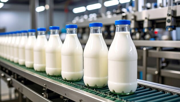 Milk bottles on conveyor belt. - Powered by Adobe