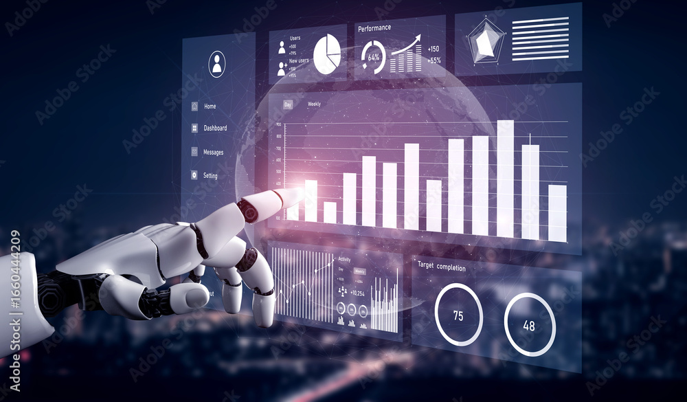 Poster a futuristic robotic hand interacts with a digital display showcasing various data visualizations, e