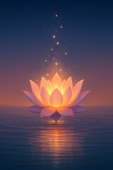Glowing lotus on calm night water&mdash;serene floral art for meditation, wellness, and spiritual themes.