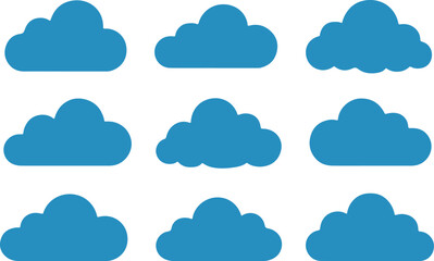 Cute fluffy white cloud vector collection abstract bubbly cloud shapes, flat illustration elements on blue background for design and decoration clipart