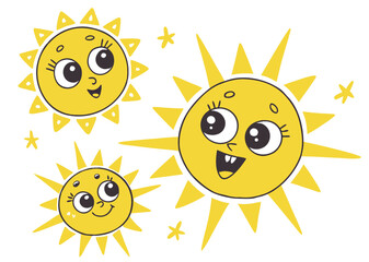 A vibrant yellow cartoon sun with a cheerful smile shines brightly, bringing happy summer sunshine and warm light with its playful sunbeams