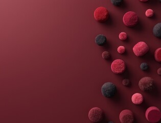 A scattered collection of vibrant red and dark berries on a deep red background