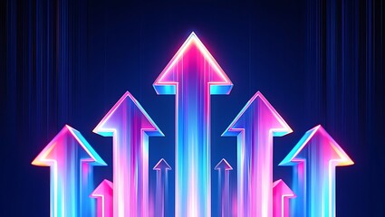 Abstract glowing neon arrows pointing upwards in a futuristic digital landscape representing growth success and progress with vibrant pink and blue light effects on a dark background