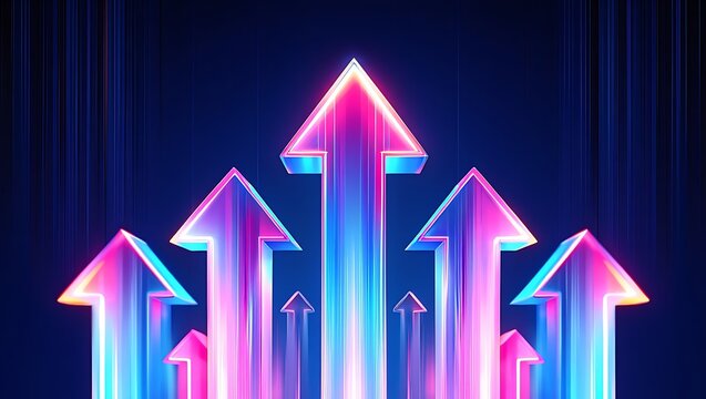 Abstract glowing neon arrows pointing upwards in a futuristic digital landscape representing growth success and progress with vibrant pink and blue light effects on a dark background - Powered by Adobe