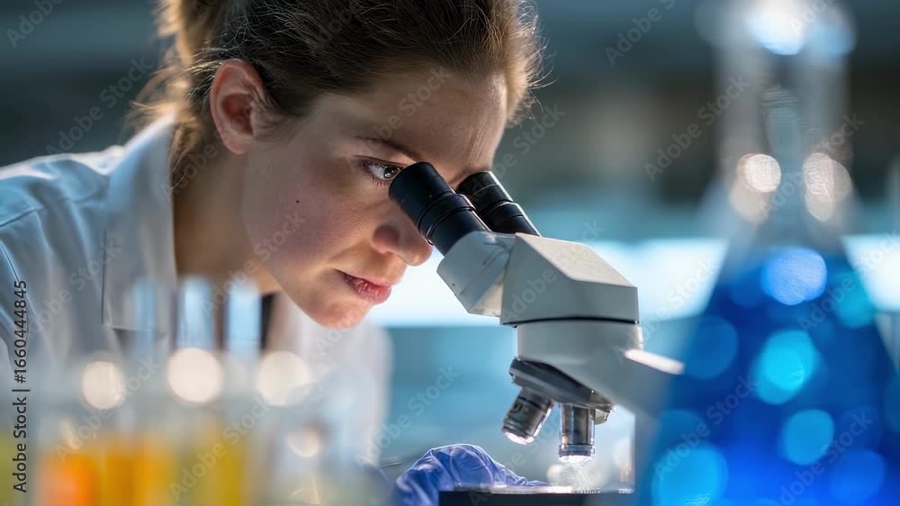 Poster female scientist wearing lab coat and gloves using microscope in laboratory with test tubes and beak