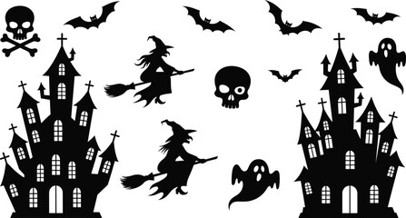 Halloween haunted house silhouette, witch flying broomstick, ghost, bat, skull, spooky castle, horror clipart, black vector illustration